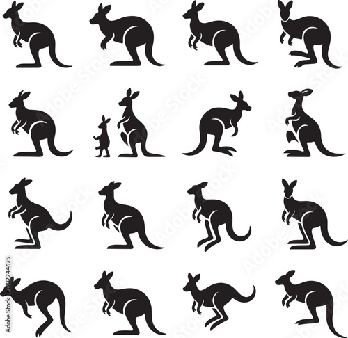 black silhouettes of kangaroos in various poses on white background