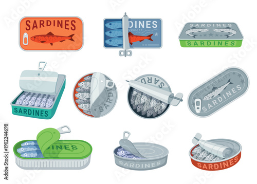 A collection of canned sardines, showcasing various can shapes and labels. Some of the cans are open, revealing the contents.