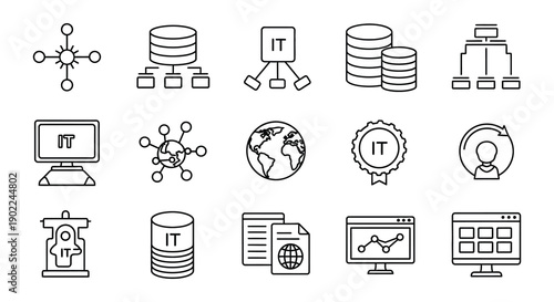 Line art icons representing data storage networking and global connectivity
