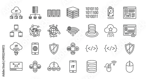 Line art icons representing data storage networking and global connectivity