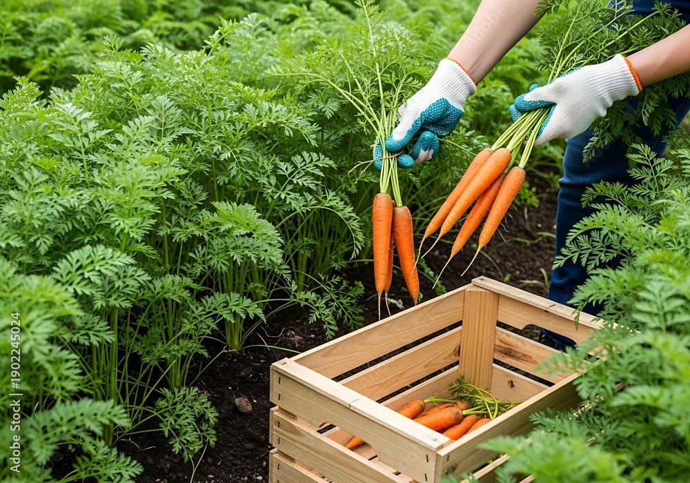 Naklejka premium Harvesting fresh organic carrots by hand from a fertile garden bed, showing the vibrant orange roots being gathered into a rustic wooden crate.