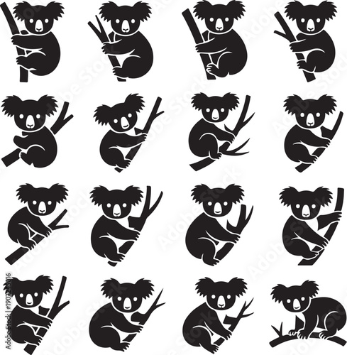 Black silhouettes of koalas in various poses on white background
