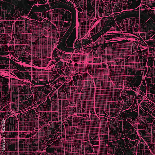 Kansas City City Map delve into a metropolitan blueprint where meticulous linework defines the urban grid evoking a subtle neon pink monochrome charm, emphasizing refined linework, with balanced.