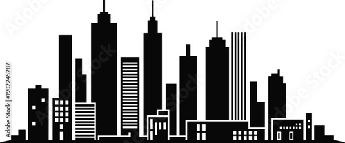 Black and white city skyline silhouette vector illustration, urban architecture graphic design, metropolitan buildings art, modern skyscraper background for creative projects