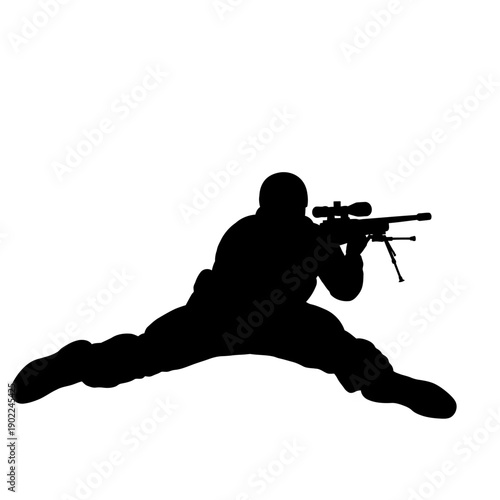 Silhouette of a Sniper Aiming Rifle on White Background.