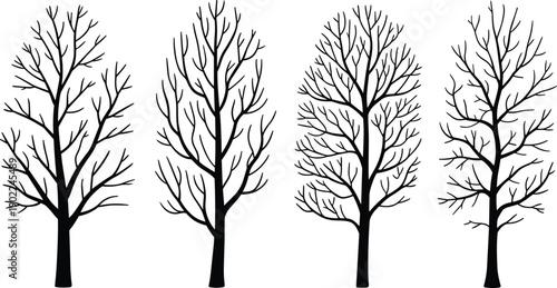 Black silhouette vector collection of leafless winter trees with unique branching patterns, natural forest elements for landscape, decoration, and design illustration