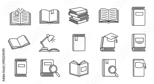 Collection of simple line art illustrations depicting various books and stacks
