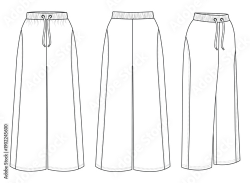 Wide Leg Pants trajur Vector Template Front Back Technical Flat