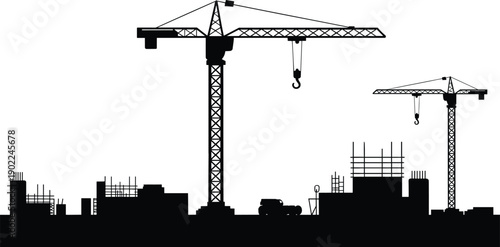Black silhouette vector of construction site with cranes, buildings, scaffolding, cement truck, industrial architecture, urban development, and infrastructure design illustration