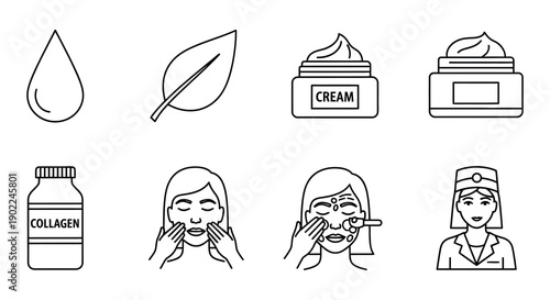 Skincare icons depicting beauty treatments products and a cosmetologist
