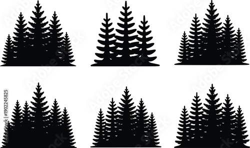 Collection of pine tree cluster silhouettes in forest landscape, vector illustration for nature design, outdoor scenery, environment, and woodland projects