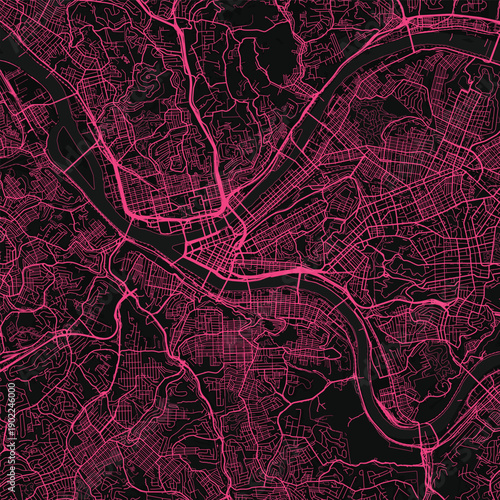 Pittsburgh City Map discover the intricate beauty of refined linework and structured urban grids within this minimalist neon pink inspired svg design, emphasizing refined linework, with balanced.