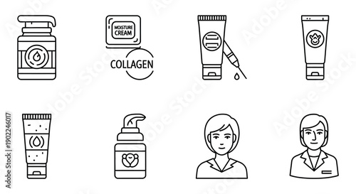 Skincare icons depicting beauty treatments products and a cosmetologist