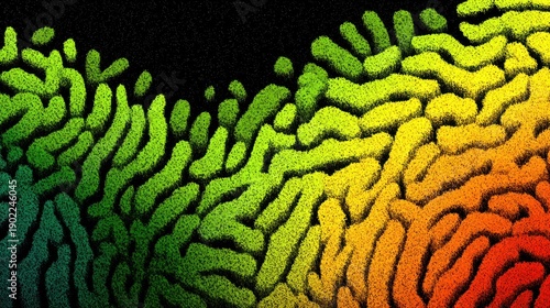 Abstract textured organic shapes transition from dark to vibrant spectrum