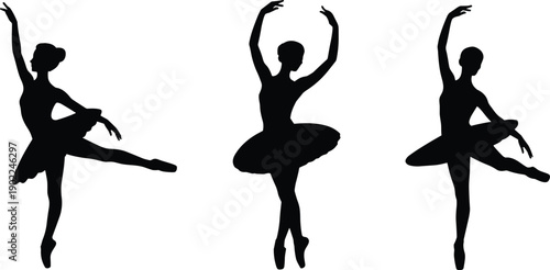 Elegant ballet dancer silhouette vector illustration featuring graceful poses with tutu costumes, perfect for dance, performance, art, fashion, and design projects