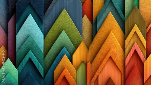 Colorful abstract pattern, stacked arrow-like shapes, diverse hues, textured surfaces, layered design