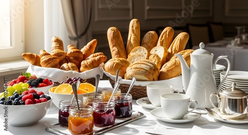 A beautifully set breakfast table with an assortment of fresh fruits, bread, and tea in a bright and airy room