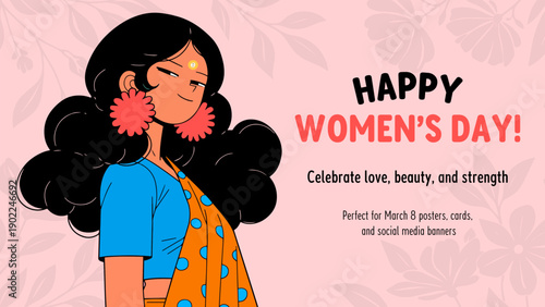 Vector illustration of young cool girl. Women's day on March 8