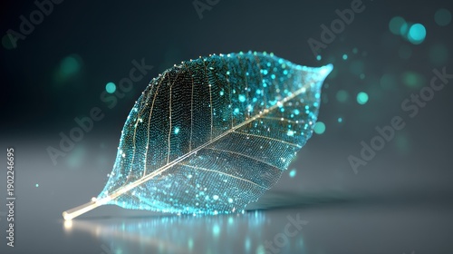 A translucent leaf composed of vibrant cyan light particles and intricate veins glows against a dark backdrop with soft bokeh circles and shimmering digital dust.