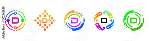 Set of abstract letter D technology logos with colorful gradients and circular network elements. Modern futuristic symbols for AI, digital innovation, branding, apps, and tech companies