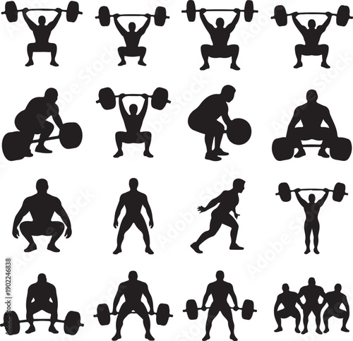 black silhouettes of people lifting weights in various poses