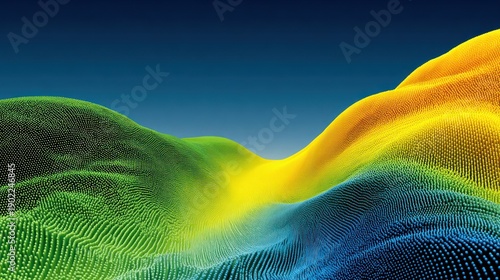 Abstract 3D rendered landscape with a gradient of colors, blending from blue to green, yellow & gold