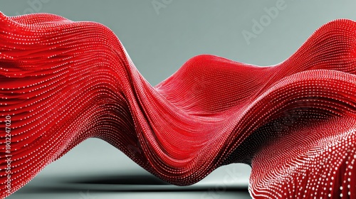 Abstract, wavy red form against a gray background. Textured with tiny white dots