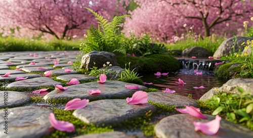 Wallpaper Mural Sakura petals on stone path, natural spring background Torontodigital.ca