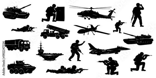 Huge military silhouettes set featuring soldiers in combat poses, army tanks, attack helicopters, drones, jet fighters, and naval warships isolated
