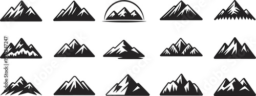 Stylized mountain peak silhouette vector illustration set with snow‑capped summits, outdoor nature icons, adventure, travel, hiking, landscape, and design elements