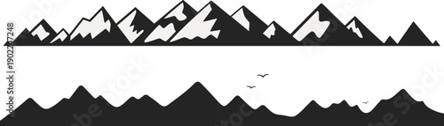 Stylized mountain range silhouette vector illustration featuring jagged peaks and smooth hills with birds, perfect for nature, travel, adventure, and design projects