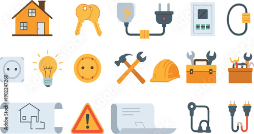 Home Repair and Electrical Service Icon Vector Set with House Tools Plug Socket Wiring Safety Helmet and Maintenance Symbols