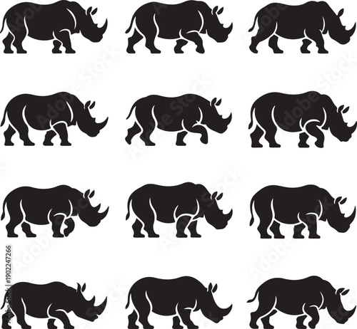black silhouettes of rhinoceroses in various poses on white background