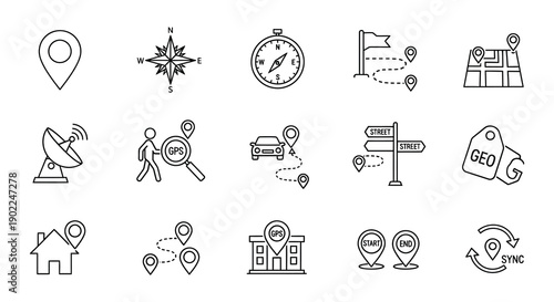 Collection of travel and navigation icons in a linear style