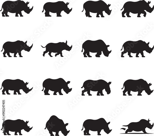 black silhouettes of rhinoceroses in various poses