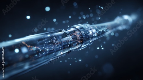 A futuristic transparent tube contains glowing electronic circuitry and light particles against a dark background with bokeh effects. It represents high-speed data transmission.