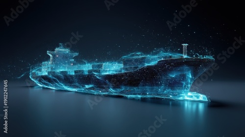A futuristic digital twin of a container ship rendered with glowing blue light particles against a dark background, representing advanced maritime technology and global trade.