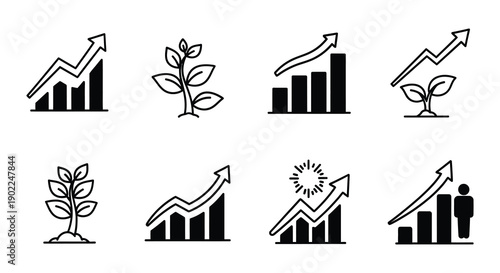 Financial growth and nature icons charts plants and upward trends