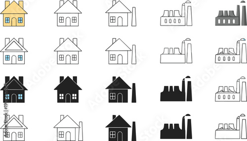 House and Factory Building Icon Vector Set with Residential Home Industrial Plant Outline Filled and Minimal Style Variations