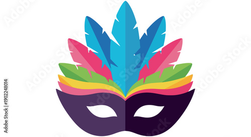 Colorful carnival mask with feathers on a white background, flat design, vibrant mood.