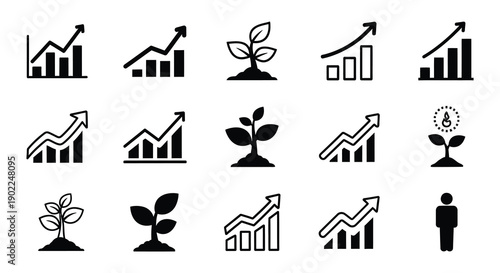 Financial growth and nature icons charts plants and upward trends