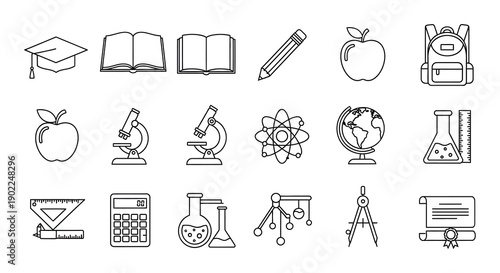 Educational icons depicting school supplies and scientific instruments