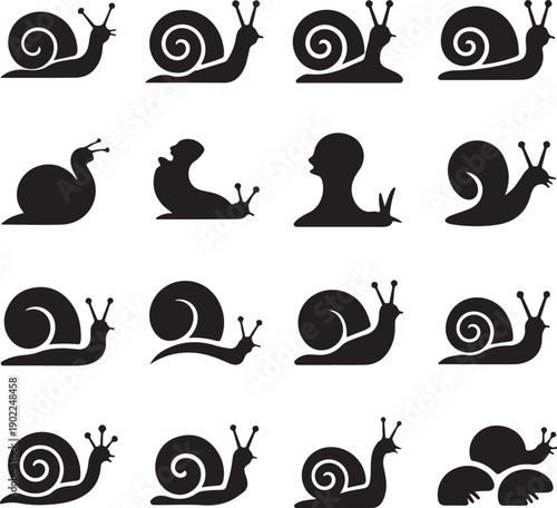 Black silhouettes of snails and slugs on white background