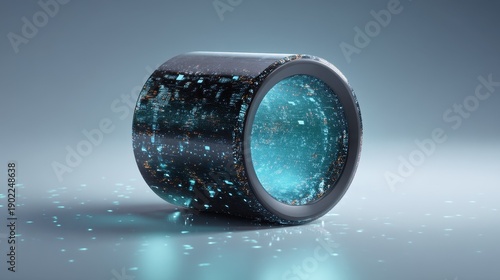 A 3D render of a glowing digital cylinder with blue and orange light patterns on a neutral background. The hollow center emits a bright blue glow with scattered particles.