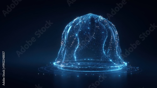 A futuristic blue energy shield or dome composed of glowing particles and light trails rests on a circular digital platform. The abstract structure shines against a dark background.