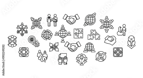 Global connections and collaboration a set of black and white icons
