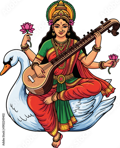 Elegant Hindu Goddess Saraswati on Swan Vector Art