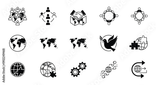 Global connections and collaboration a set of black and white icons