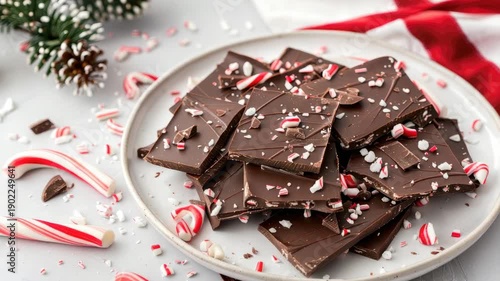 Festive plate of peppermint chocolate bark with candy cane pieces