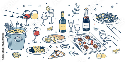 Summer Picnic Food and Wine Vector Illustrations Set on transparent Background. Minimalist Hand Drawn Italian Food and Drinks Illustration. Mediterranean Cuisine Doodles: Pizza, Wine, and Appetizers.